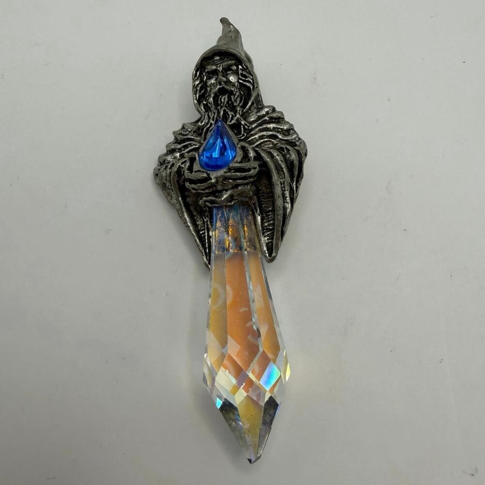 Vintage Comstock Pewter Wizard Pendant Prism Crystal Blue Teardrop Gem